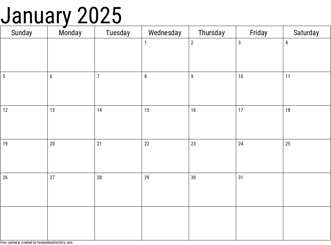 Monthly Calendar 2025 January Template Pdf