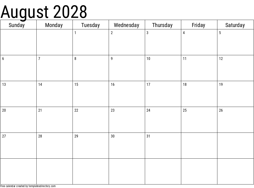 2028 August Calendar Template