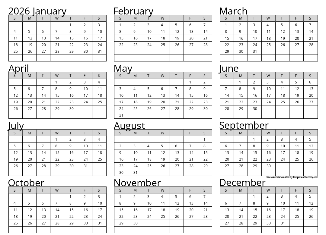Full Year 2026 Calendar Template