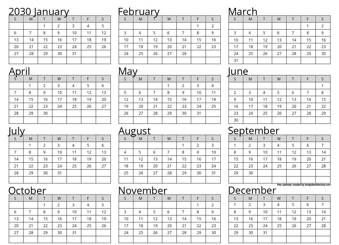 Full Year 2030 Calendar Template
