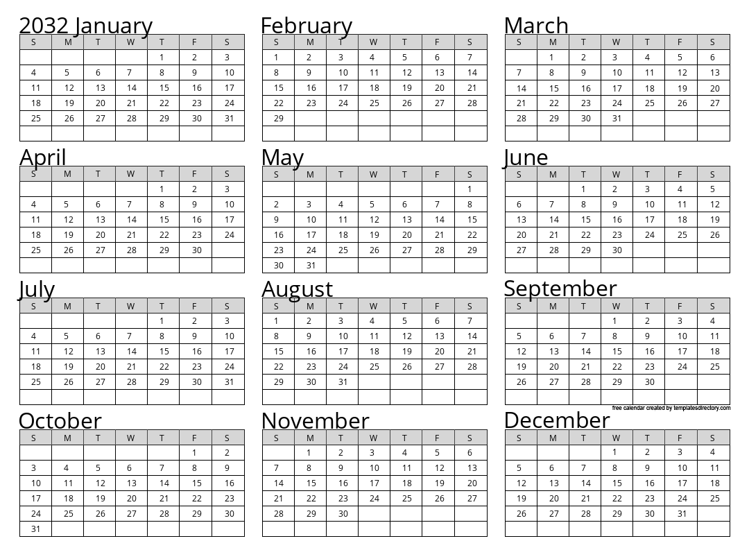 Full Year 2032 Calendar Template