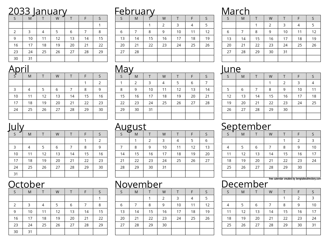 Full Year 2033 Calendar Template